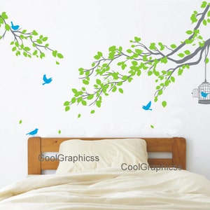 Nursery wall decal tree branch wall decals birds vinyl wall decals birdcage wall mural two branch with birds cage image 2