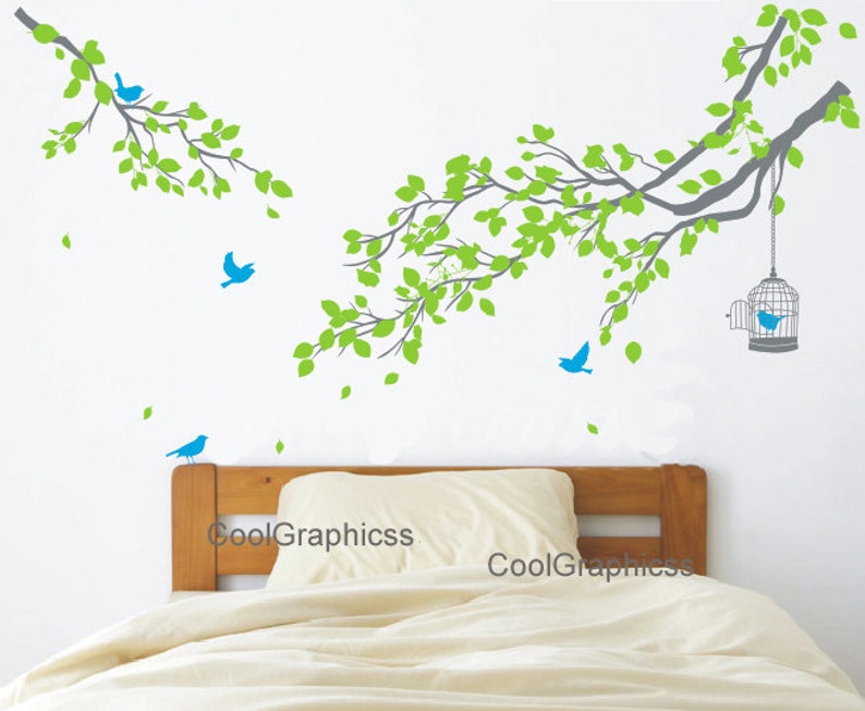 Nursery wall decal tree branch wall decals birds vinyl wall decals birdcage wall mural two branch with birds cage image 2