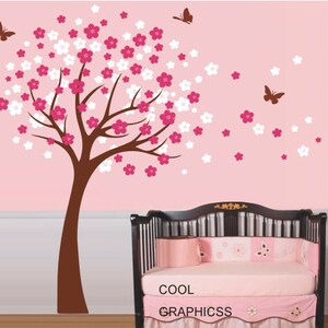 Cherry Tree Wall Decal Nursery  wall decals trees wall sticker kids baby bedroom children wall decor,brown white pink flowers butterfly