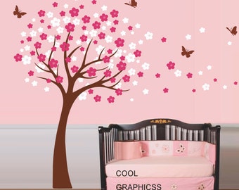 Cherry Tree Wall Decal Nursery  wall decals trees wall sticker kids baby bedroom children wall decor,brown white pink flowers butterfly