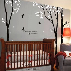 trees wall decal office wall decal flying birds wall decal children wall sticker Art Mural Wall Hanging wall decor 3 Birch Trees set image 1