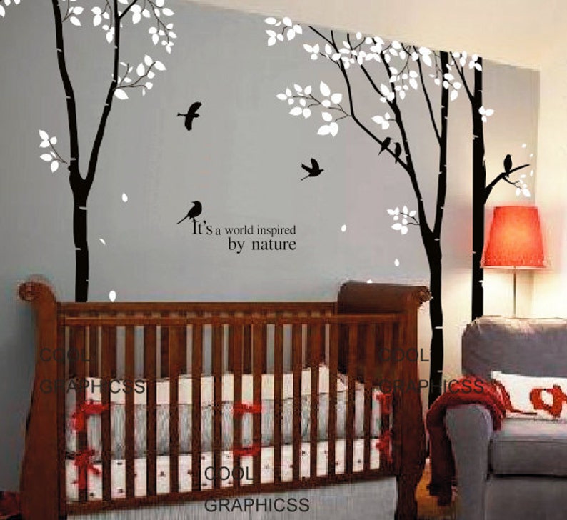 trees wall decal office wall decal flying birds wall decal children wall sticker Art Mural Wall Hanging wall decor 3 Birch Trees set image 1