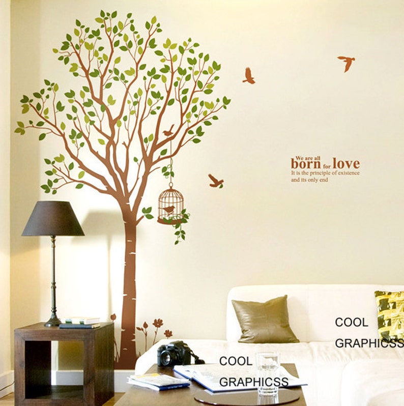 Large Spring Tree Vinyl wall decals trees children wall decals birds birdcage white pink wall decals wall sticker wall decor home decor image 3