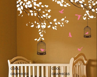 Branches with birds cage -Vinyl Wall Decal Sticker Art