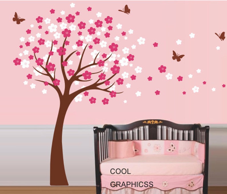 Cherry Blossom Tree Vinyl wall decals trees wall decals nursery wall decals baby girl children wall decals white pink flowers butterfly image 2