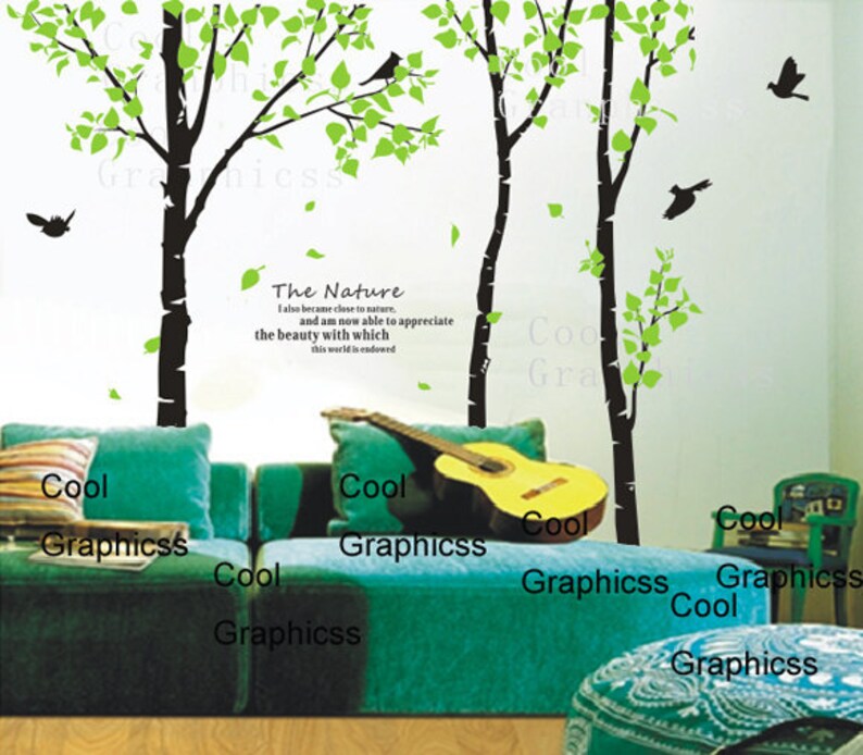 Wall Decals Trees 3 Birch Trees Wall Decal Birds Birdcage Etsy