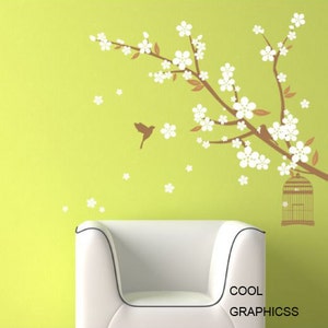 blossom Branch with decorative bird cage Vinyl Wall Decal Sticker Art image 1