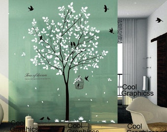 tree wall decal nursery wall sticker office wall decal bedroom wall decor home decor wall hanging - Tree with birds and Cage