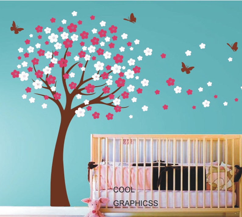 Cherry Blossom Tree Vinyl wall decals trees wall decals nursery wall decals baby girl children wall decals white pink flowers butterfly image 1