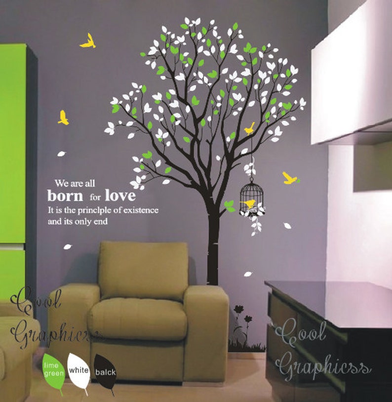 tree decal nursery wall decal vinyl sticker baby girl nursery wall decal children wall decor Large Tree with birds and cage image 1