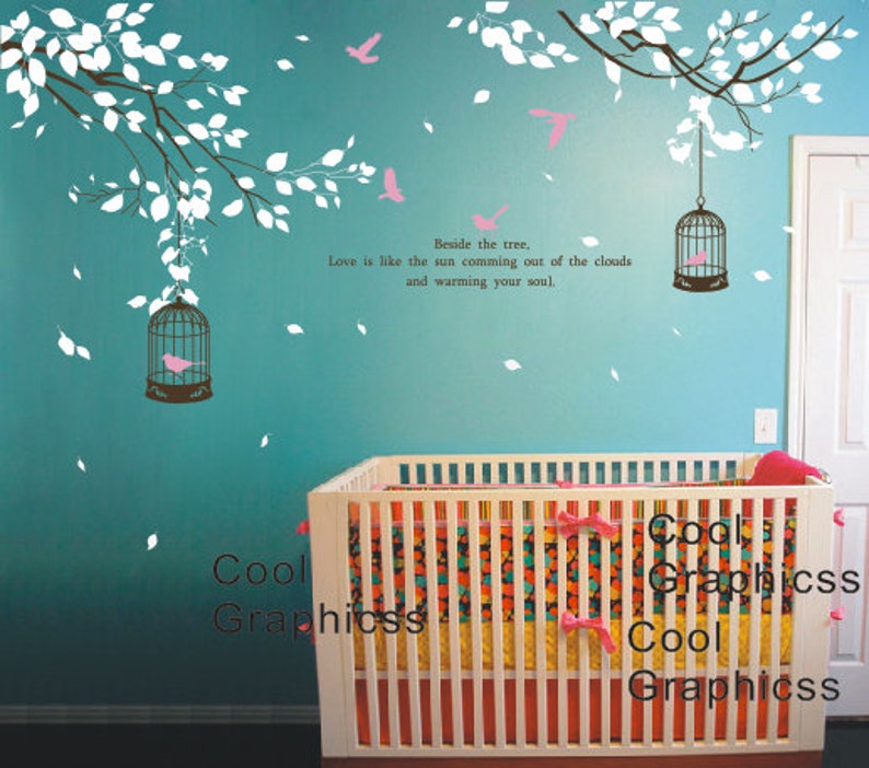 wall decal branch wall decal nursery wall decal children decal girl boy room Vinyl Wall Decal Wall Sticker Two Branches with birds cage image 2