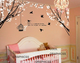 vinyl wall decals trees wall sticker baby nursery children wall decor home decor wall hanging  - Two Branch Corner with Flying Birds