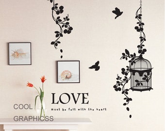 Beautiful Branches and birds cage  -Vinyl Wall Decal Sticker Art