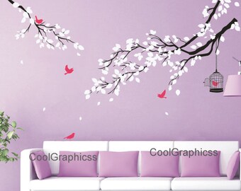 Nursery wall decal tree branch wall decals birds vinyl wall decals birdcage wall mural - two branch with birds cage