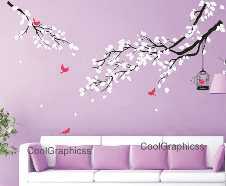 Nursery wall decal tree branch wall decals birds vinyl wall decals birdcage wall mural two branch with birds cage image 1