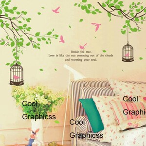 wall decal branch wall decal nursery wall decal children decal girl boy room Vinyl Wall Decal Wall Sticker Two Branches with birds cage image 1