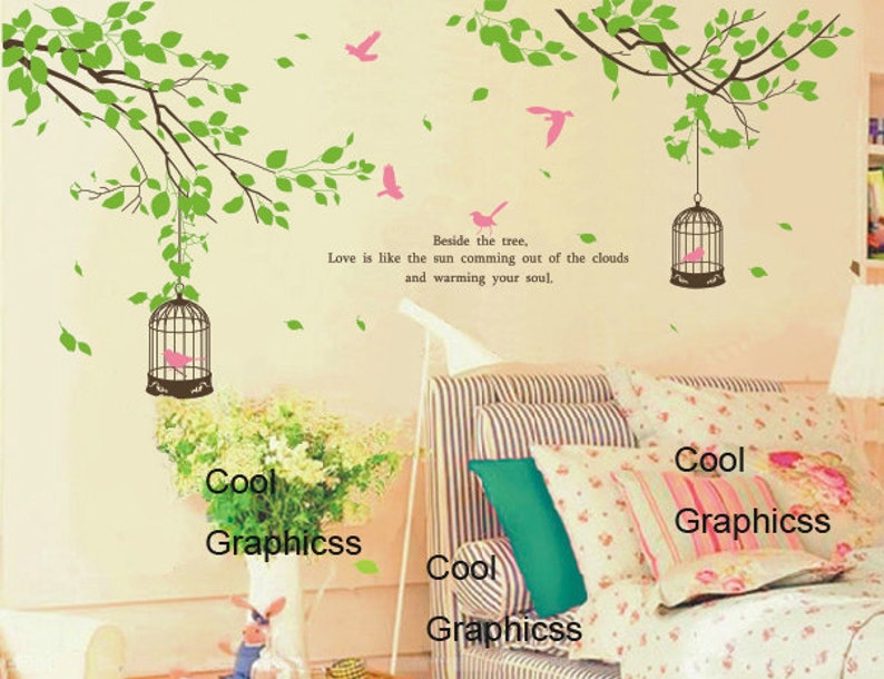 wall decal branch wall decal nursery wall decal children decal girl boy room Vinyl Wall Decal Wall Sticker Two Branches with birds cage image 1