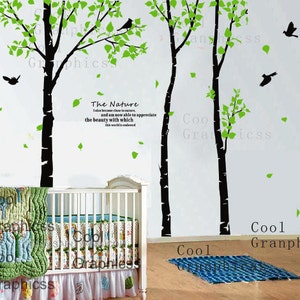 wall decals trees - 3 Birch Trees wall decal birds birdcage branch wall decals child nursery wall sticker wall decor room decor home decor