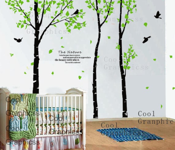 Wall Decals Trees 3 Birch Trees Wall Decal Birds Birdcage Etsy