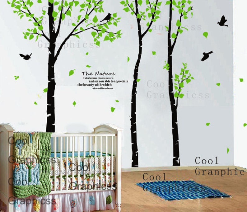 Wall Decals Trees 3 Birch Trees Wall Decal Birds Birdcage Etsy