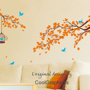 Nursery wall decal tree branch wall decals birds vinyl wall decals birdcage wall mural two branch with birds cage image 1