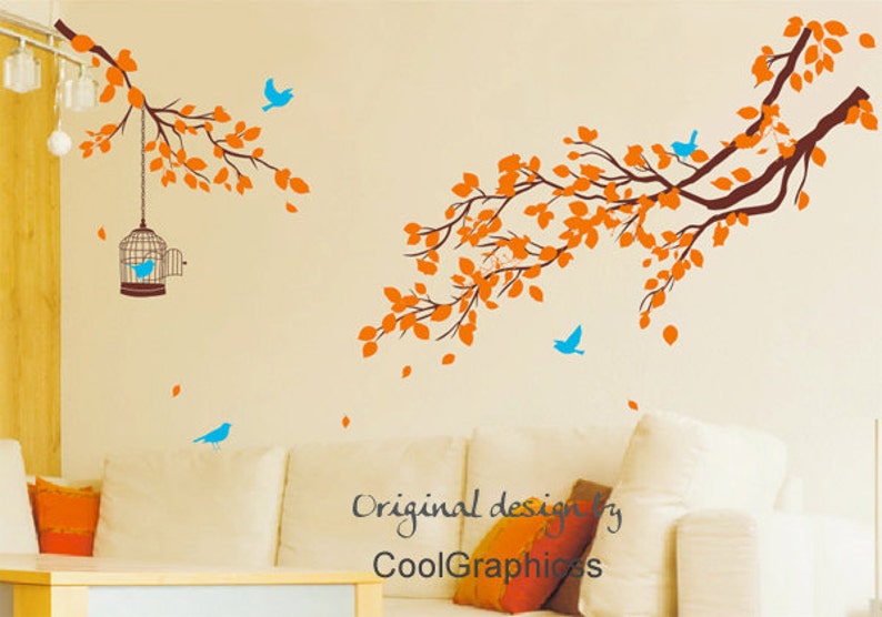 Nursery wall decal tree branch wall decals birds vinyl wall decals birdcage wall mural two branch with birds cage image 1