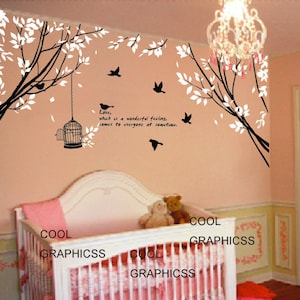 wall decal branch wall decal quote wall decal nature wall decal nursery vinyl sticker - Two Branch Corner with Flying Birds and Quote