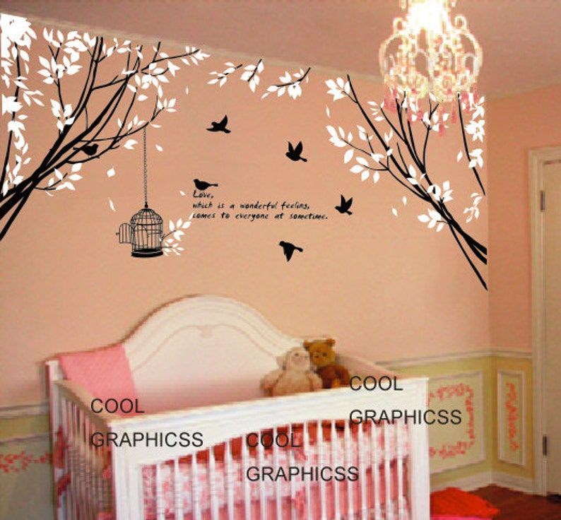 branch wall decal nursery wall decal bedroom decal children wall decal Two Branch Corner with Flying Birds and Quote image 1