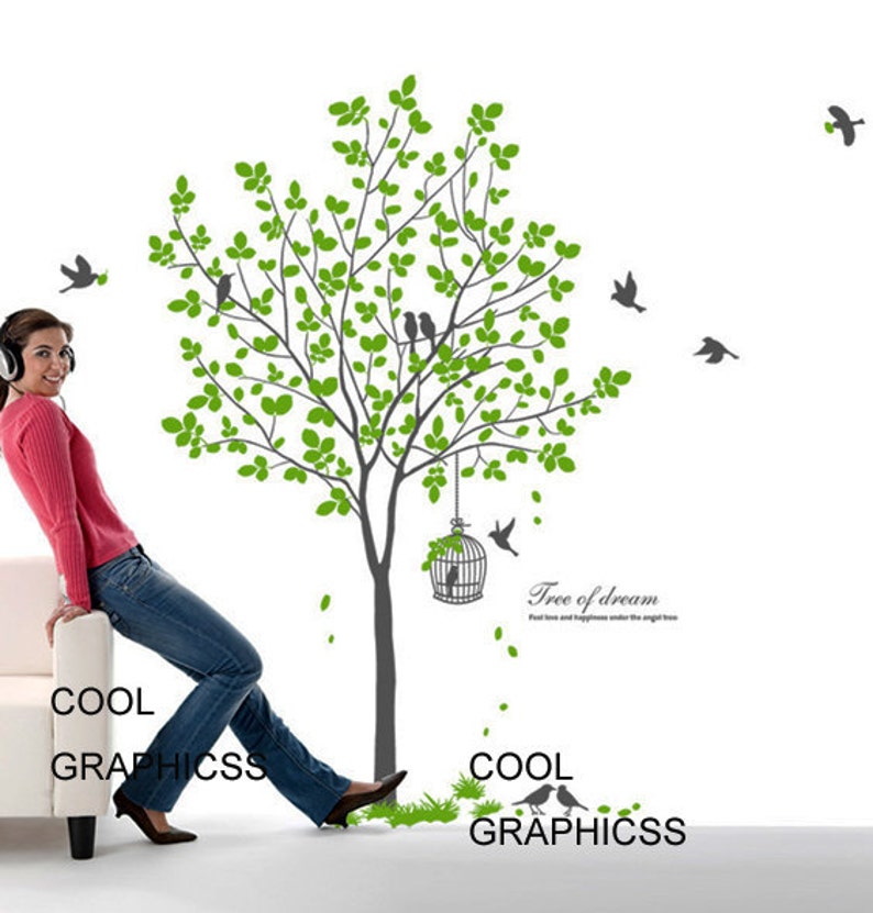 Green Tree With Birds and Cage vinyl Wall Decals Tree Wall Etsy