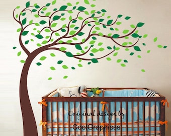 tree wall decal vinyl wall sticker baby nursery wall decal girl bedroom children wall decor wall mural - Blowing Leaves Tree decal