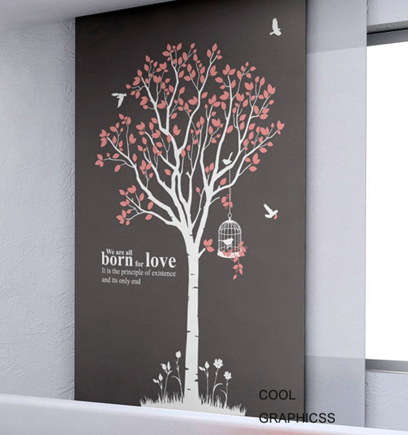 Large Spring Tree Vinyl wall decals trees children wall decals birds birdcage white pink wall decals wall sticker wall decor home decor image 1