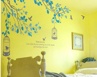 wall decal branches vinyl wall decal trees wall sticker wall decal children bedroom wall decor - Two Branches with birds cage