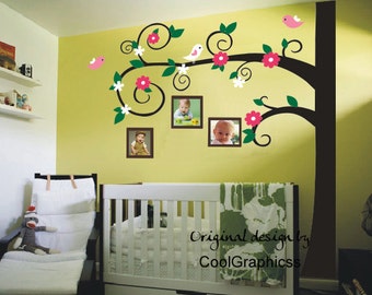 Wall decal nursery  tree branch wall decals birds vinyl wall art flowers wall mural - flower tree with photo frames