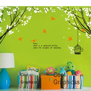 branch wall decal nursery wall decal bedroom decal children wall decal Two Branch Corner with Flying Birds and Quote image 2