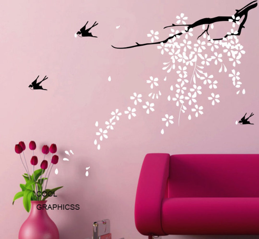 Blooming Branch Wall Decal Vinyl Sticker Wall Decal White Pink Etsy