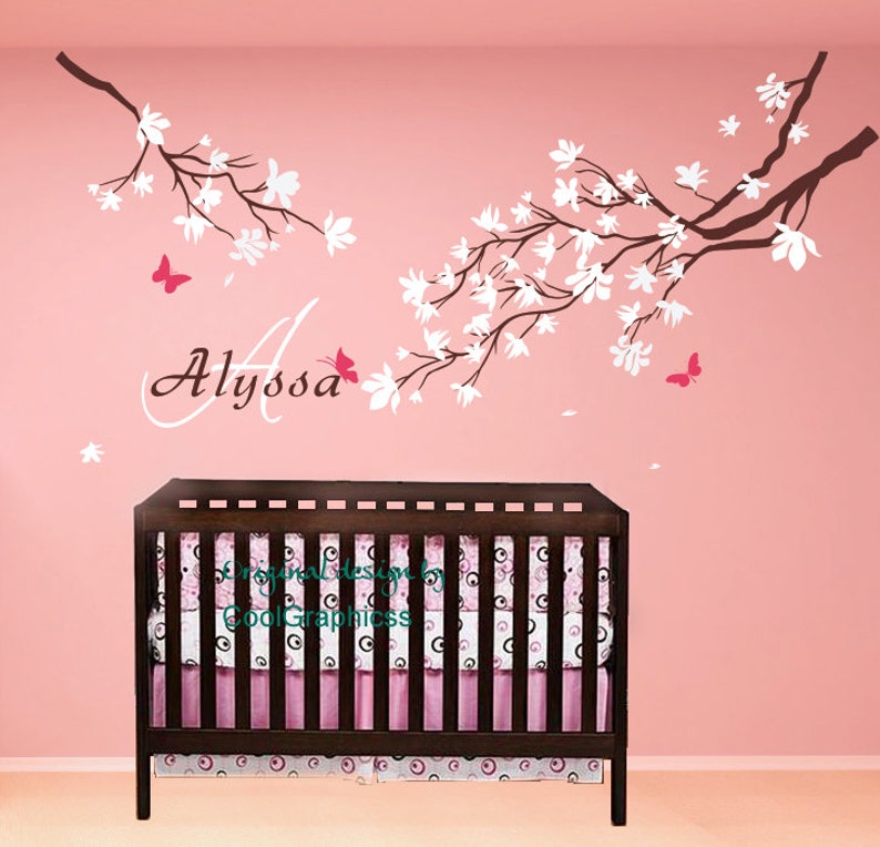 flower wall decal baby name decal vinyl wall decals wall mural nursery branch wall decal cherry blossom branches with baby name