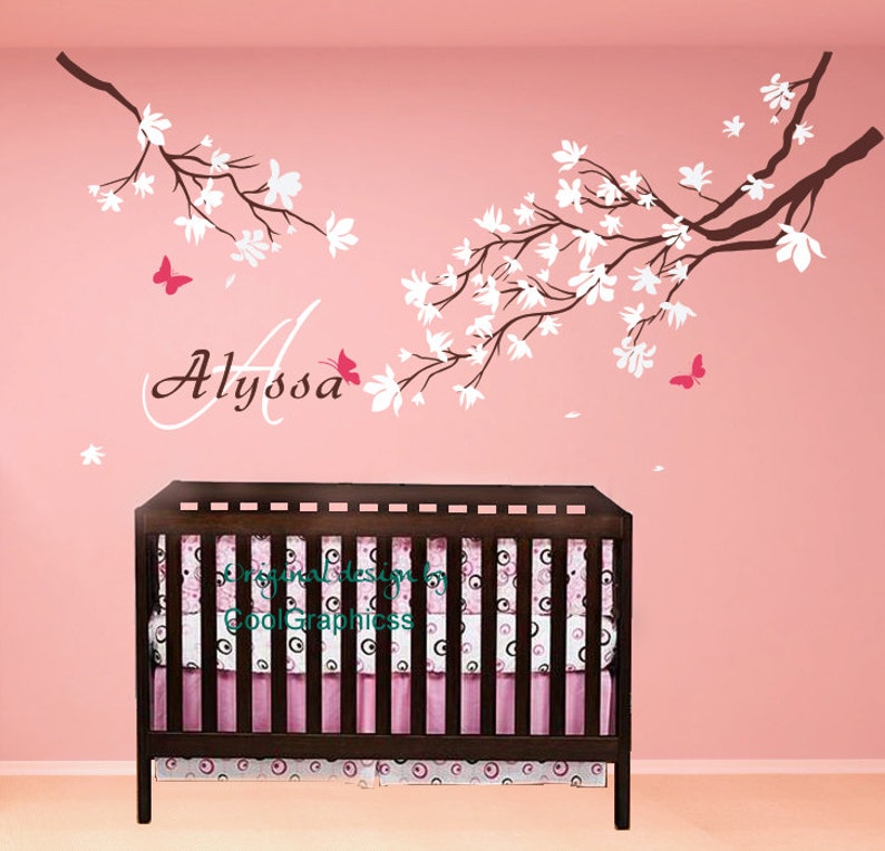 flower wall decal baby name decal vinyl wall decals wall mural nursery branch wall decal cherry blossom branches with baby name image 1