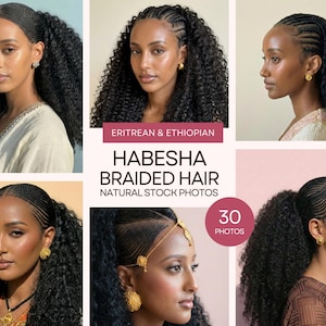 May include: A selection of images displaying Habesha braided hairstyles. The images feature women with diverse braided styles, including cornrows and complex patterns. The text on the image reads "Habesha Braided Hair Natural Stock Photos".