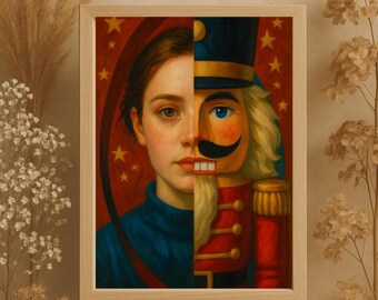 Nutcracker Christmas PNG, Vintage Oil Painting Art, Split Portrait Holiday Illustration, Christmas Decor Download