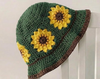 MODELLO per cappello da pescatore all'uncinetto con girasole, cappello da sole fai da te Grandma Square Cottagecore, modello per cappello da pescatore in PDF, uncinetto per abbigliamento estivo da festival