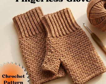 Peut inclure: Une paire de gants sans doigts crochetés marron clair avec un poignet côtelé et un motif de points texturé. L'image comprend une pelote de laine assortie et un crochet, avec le texte Fingerless Glove et Chrochet Pattern PDF.