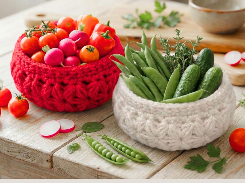 Peut inclure: Deux paniers ronds crochet&eacute;s &agrave; la main avec un motif de points en forme d'&eacute;toile textur&eacute;. Un panier est rouge vif et rempli de tomates rouges, de radis et de poivrons orange. L'autre est blanc cass&eacute; et contient des haricots verts, des concombres et des herbes.