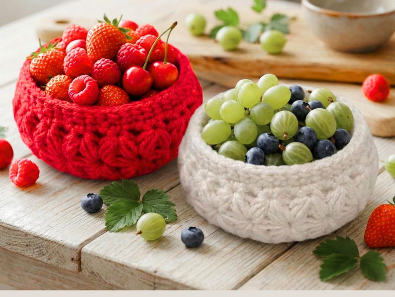 Peut inclure: Deux bols ronds crochet&eacute;s &agrave; la main avec un motif textur&eacute; en forme d'&eacute;toile. Un bol est rouge vif et rempli de fraises, framboises et cerises fra&icirc;ches. L'autre bol est blanc cass&eacute; et contient des raisins verts, des myrtilles et des groseilles.