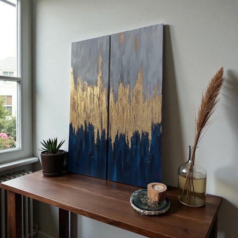 Blue and Gold Abstract Painting Set, Textured Canvas Art, Modern Wall ...
