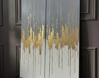 Abstract Gold Leaf Painting Set, White & Gray Textured Canvas Art, Modern art