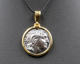 アレクサンダー大王の古代ギリシャコインペンダント、スターリングシルバーとゴールドのネックレス、博物館レプリカ、コインジュエリー