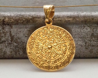 Ancient Greek Minoan Phaistos Disc Sterling Silver 24K Gold Plated Pendant, Unisex Necklace Museum Replica, Wearable Art, Greek Jewelry