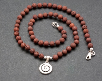 Greek Spiral Sterling Silver Pendant on Natural Brown Lava Beaded Necklace, Minimalist Unisex Statement Necklace, Santorini Lava Jewelry