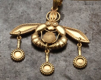Minoan Gold Bees Pendant, Museum Replica in Sterling Silver 24K Gold Plated, Wearable Art, Ancient Greece Jewelry