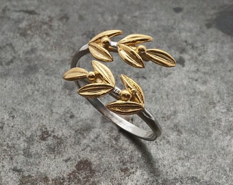 Gold Olive Leaves Ring, Twisted Olive Twig Elegant Ring, Adjustable Handmade Women's Delicate Ring, Goddess Athena Symbol Greek Jewelry